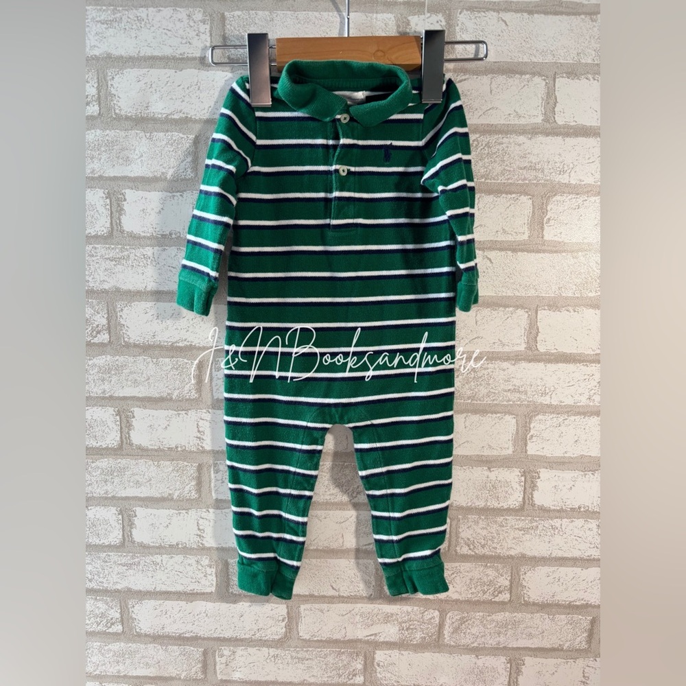 Ralph Lauren Infant Green White Striped Coveralls Size 9M‎